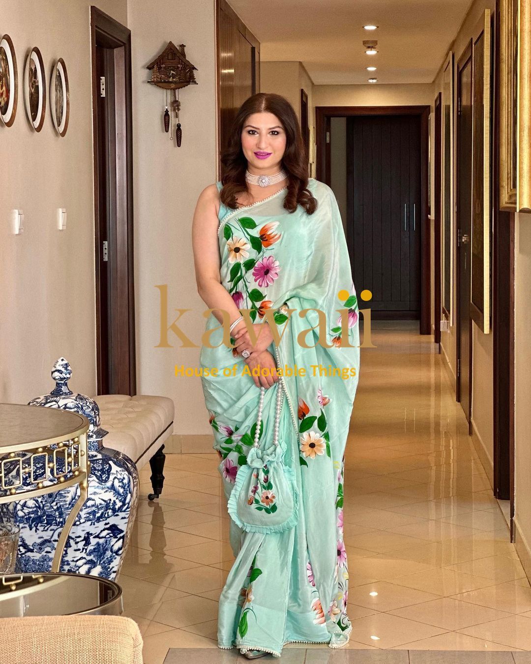 Sukaina Floral Handpainted Saree in Crepe Fabric